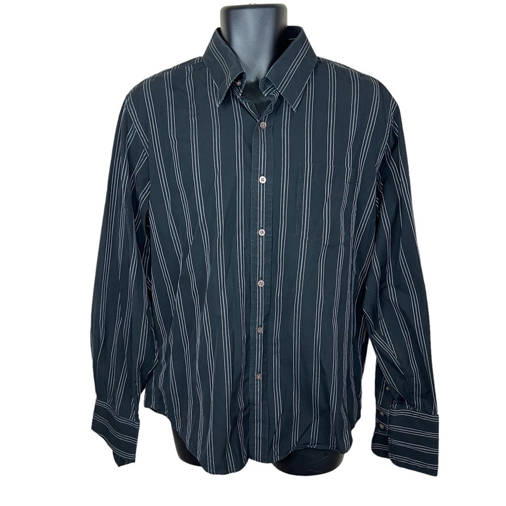 7 Diamonds Black White Striped Long Sleeve Cotton Button Front Shirt Mens